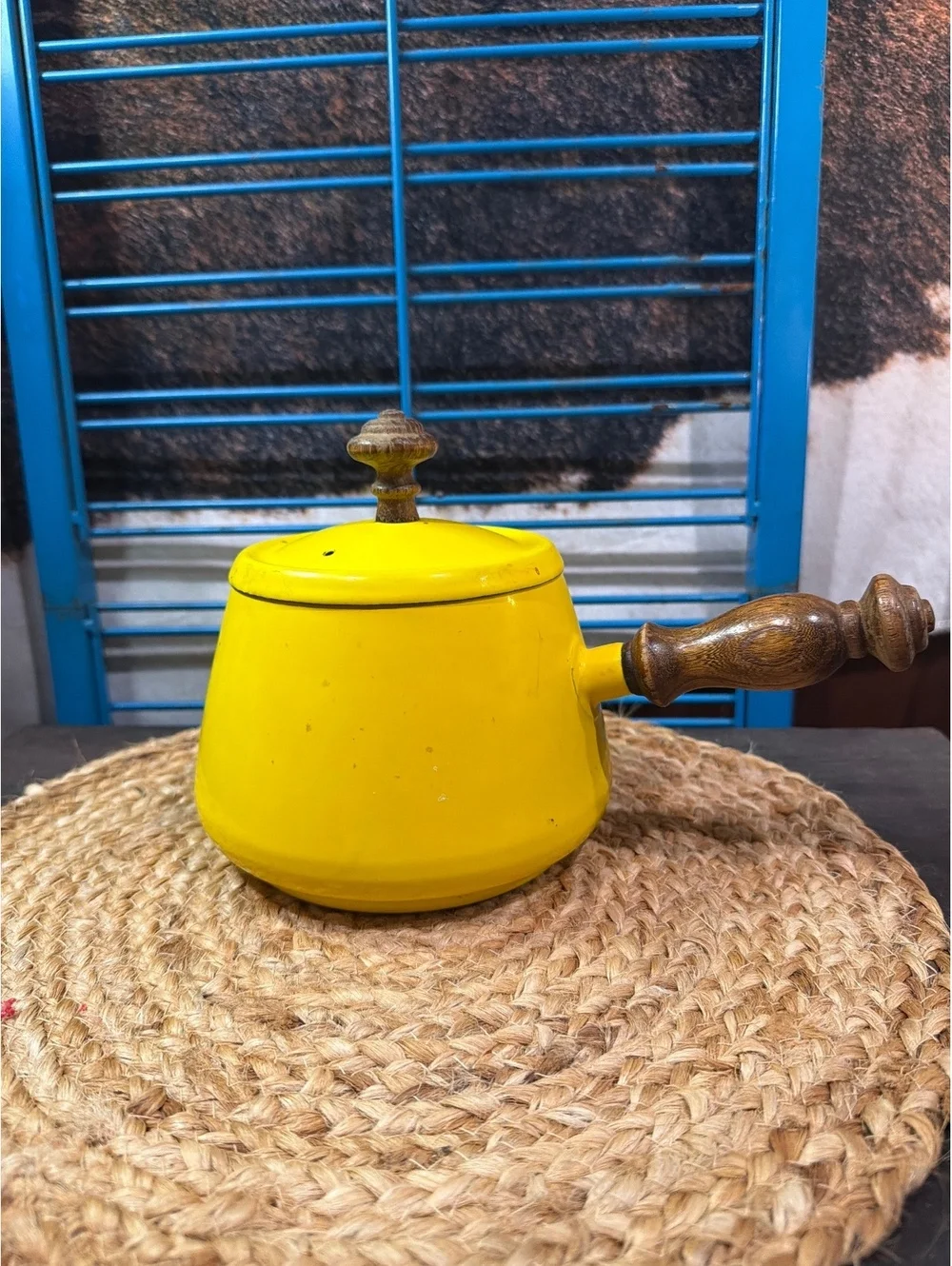 Vintage Yellow Enamel Saucepan with Wooden Handle